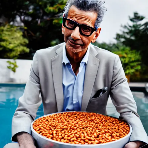 Image similar to jeff goldblum emerging from a pool of baked beans ( sony a 7 r iv, symmetric balance, polarizing filter, photolab, lightroom, 4 k, dolby vision, photography awardm, voque, perfect face )