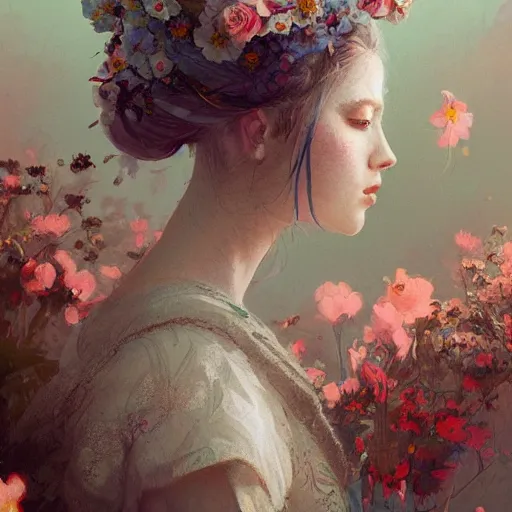 Image similar to painting of a pale girl dressed with flowers, illustration, artistic, colorful, hyper detailed, in the style of Greg Rutkowski,