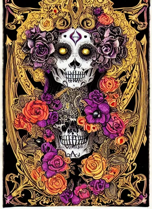 Image similar to La Catrina + black paper + elements + red + purple + gold + neon + baroque + rococo + white + orange+ ink + playing card with ornate border + marc Simonetti, paul pope, peter mohrbacher, Alfonse Mucha detailed, intricate ink illustration