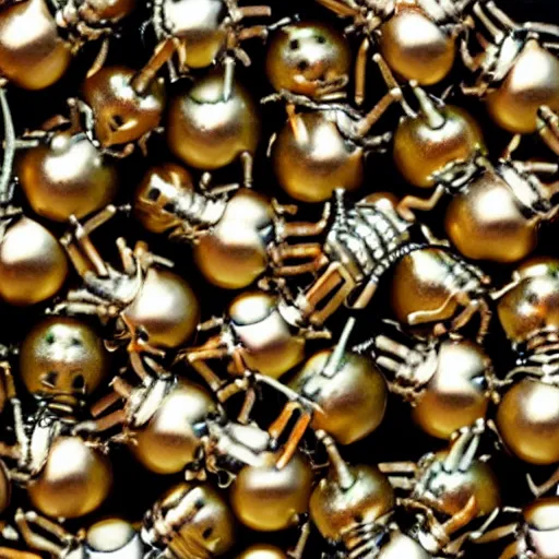 Image similar to apple consumed by army of tiny insectoid metallic robots