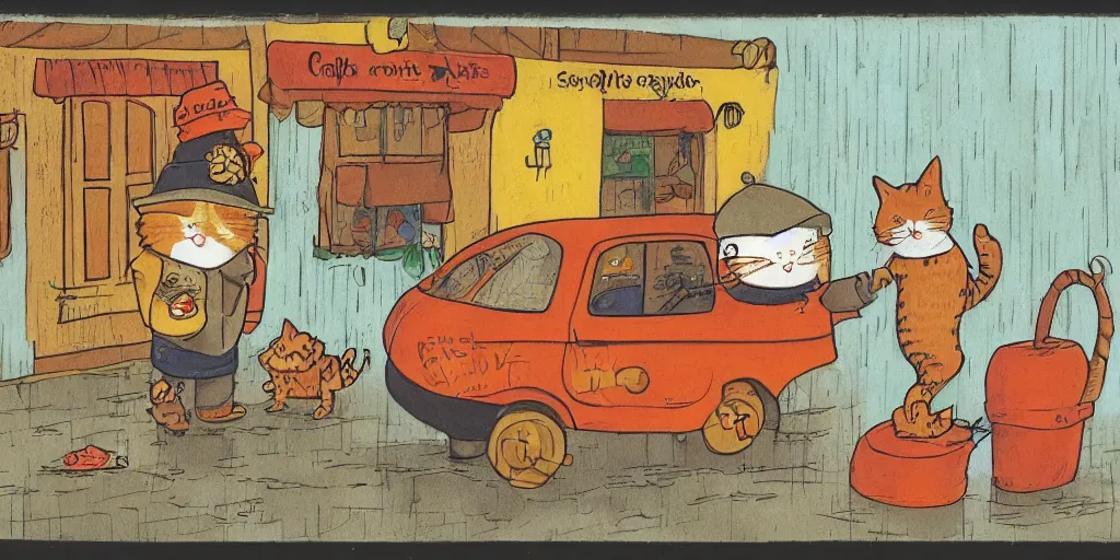 Image similar to a beard man and an orange tabby kitten standing in the rain by richard scarry