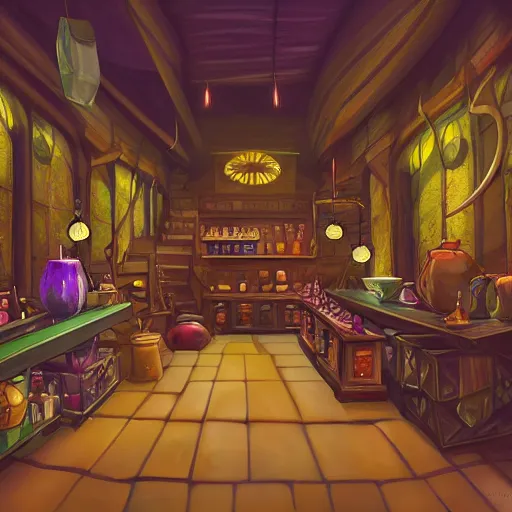 Prompt: inside a magical item shop, fantasy potion vendor interior, ufotable studio art style, wide angle, gothic interior,