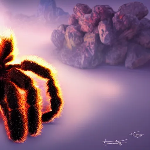 Image similar to colossal fluffy tarantula, golden hour, fantasy, vivid colors, sharp focus, digital art, hyper - realistic, 4 k, unreal engine, highly detailed, hd, dramatic lighting by brom, trending on artstation