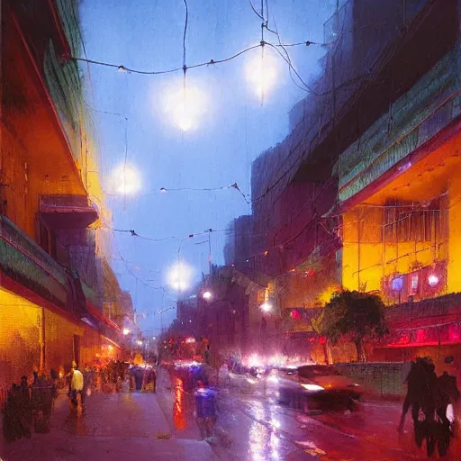 Image similar to Downtown Mexico, string lights, colorful lighting, night, by Tooth Wu, by Frank Lloyd Wright, by Greg Rutkowski