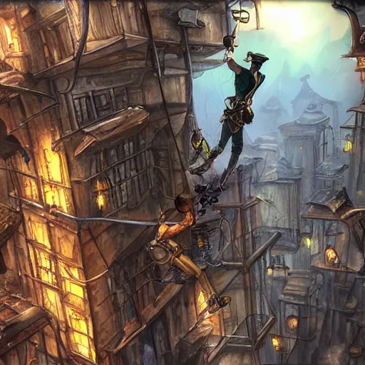 Image similar to Thieves using grappling hooks to climb a steampunk city, epic fantasy art style HD