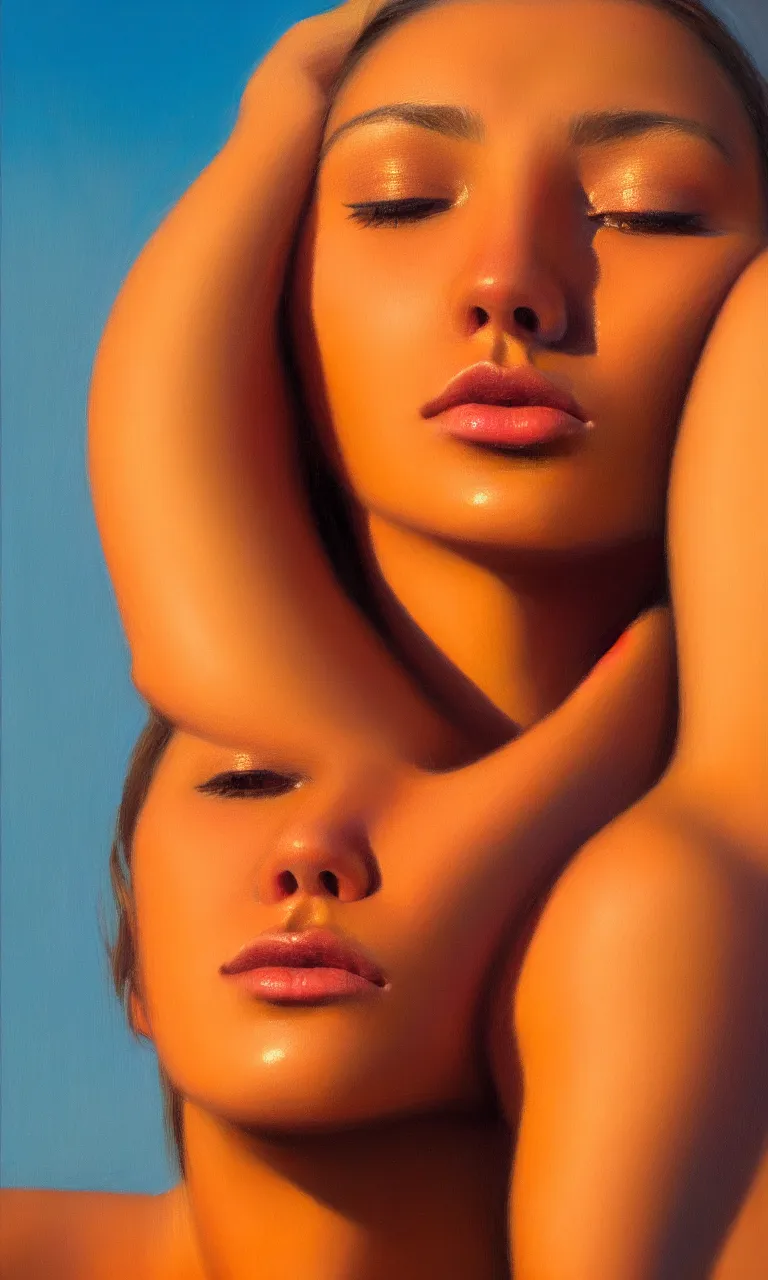 Image similar to a face portrait of a beautiful girl enjoying the warm sunlight, cuban setting, close - shot, symmetrical face, warm colors, soft lighting, atmospheric, cinematic, moody, in the style of diego koi, gina heyer, luiz escanuela, art by alyssa monk, hyperrealism, rule of thirds, golden ratio, oil on canvas, 8 k