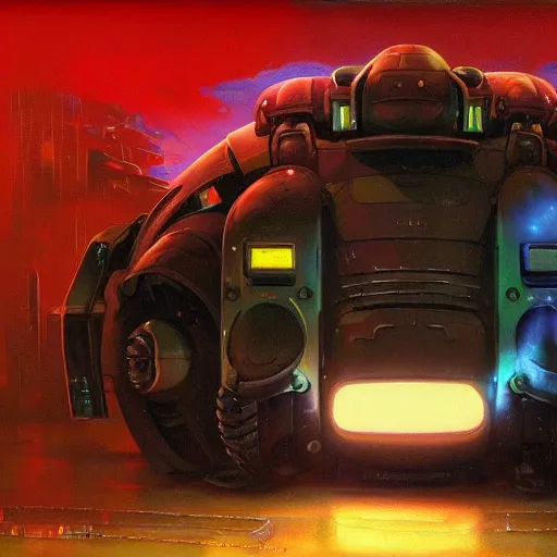 Image similar to a dark and colorful close - up of a sci - fi mecha walrus robot with led lights glowing fog in the background. highly detailed science fiction painting by norman rockwell, frank frazetta, and syd mead. rich colors, high contrast, gloomy atmosphere, dark background. trending on artstation