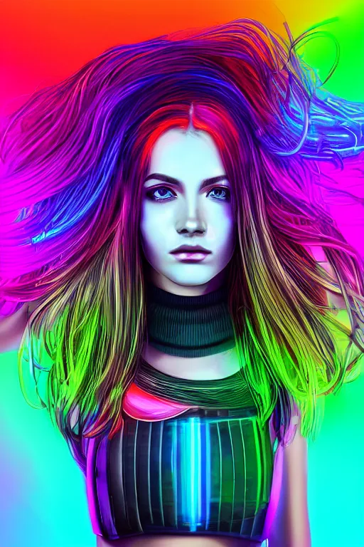 Image similar to a award winning half body portrait of a beautiful woman with stunning eyes in a croptop and cargo pants with rainbow colored ombre hairstyle head in motion and hair flying by thomas danthony, surrounded by whirling illuminated neon lines, outrun, vaporware, shaded flat illustration, digital art, trending on artstation, highly detailed, fine detail, intricate