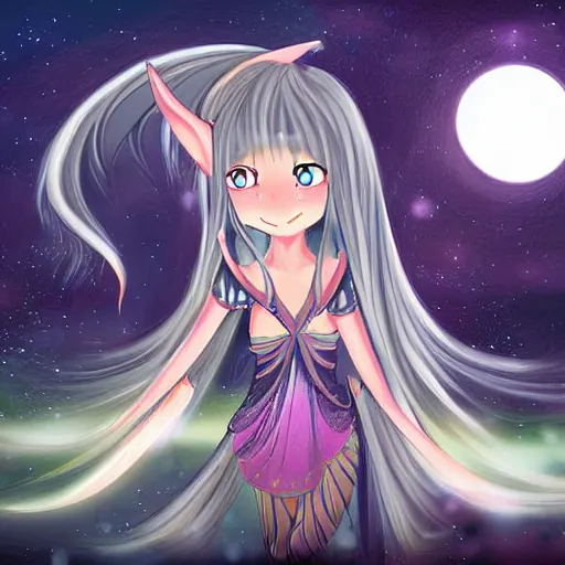 Image similar to digital painting of a long hair anime lady ELF dancing in the moonlight l by Sakimichan