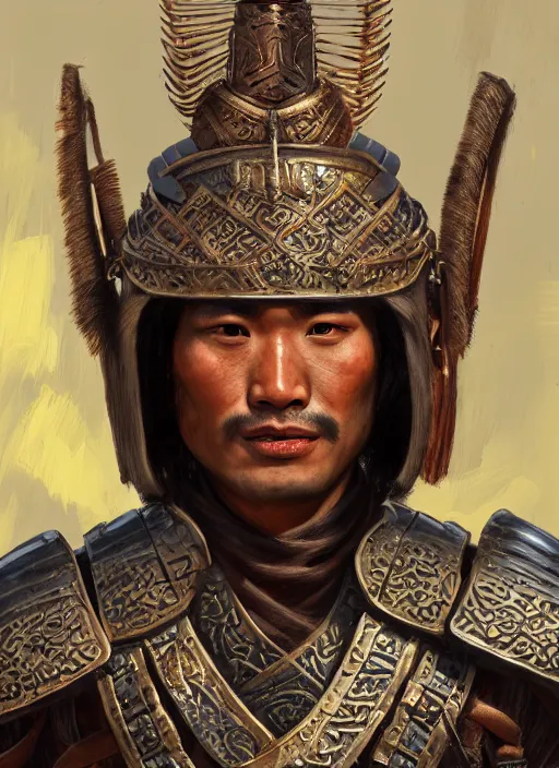 Prompt: smart tai warlord of lanna, closeup portrait, without beard and mustache, historical hero, ethnic group, tai costume, thai transitional bronze headdress, intricate, with leather armor cross on bare chest, elegant, loin cloth, highly detailed, oil painting, artstation, concept art, matte, sharp focus, illustration, hearthstone, art by earl norem