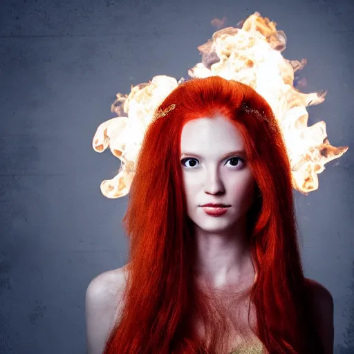 Prompt: a highly detailed headshot portrait of a beautiful red haired woman wearing a dress made of fire concept art