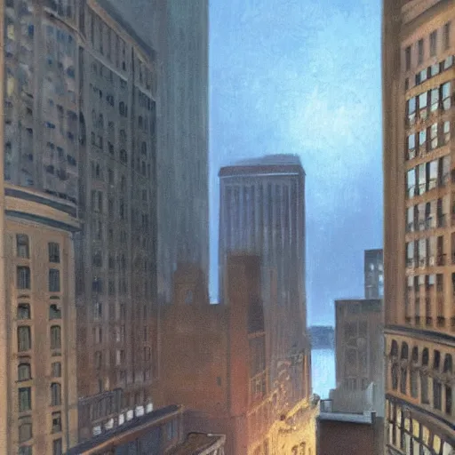 Image similar to muted color ultra realistic painting of a balcony view of 1 9 2 5 boston downtown at night, the sky is distorted and broken like a smashed mirror, and the foreground looks like it is underwater, dark, brooding, night, atmospheric, ultra - realistic, smooth, highly detailed in the style of clyde caldwell