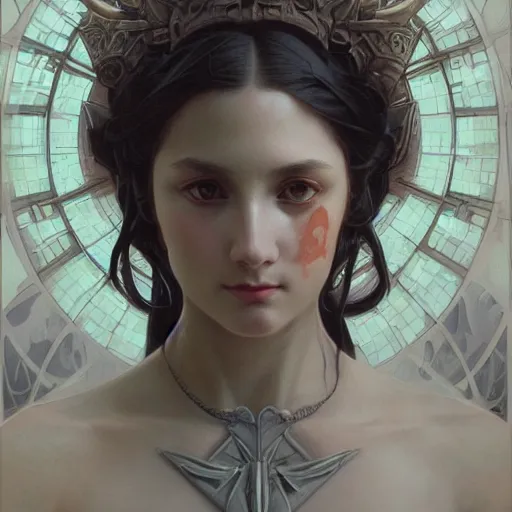 Image similar to portrait of destruction goddess, intricate, evil, elegant, highly detailed, digital painting, satan, artstation, concept art, smooth, sharp focus, illustration, art by artgerm and greg rutkowski and alphonse mucha and william - adolphe bouguereau