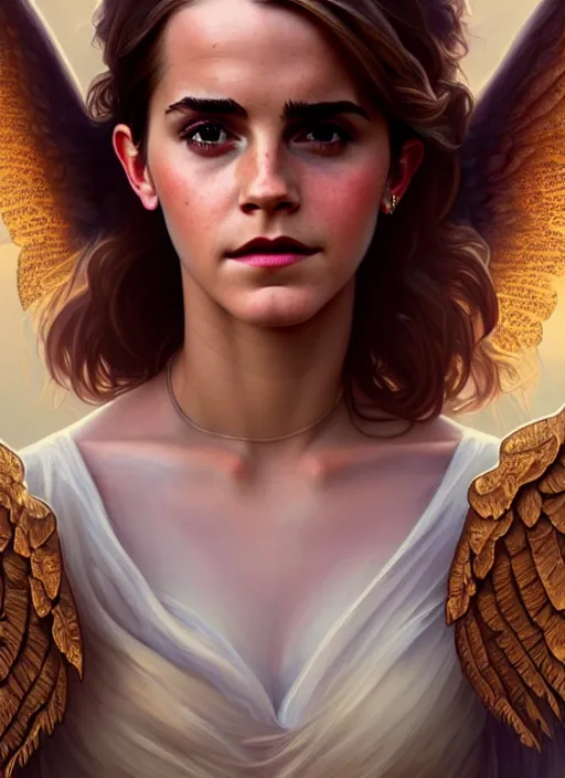 Prompt: portrait of emma watson as an sultry angel, wings, bible, intricate, headshot, highly detailed, digital painting, artstation, concept art, sharp focus, cinematic lighting, illustration, art by artgerm and greg rutkowski, alphonse mucha, cgsociety