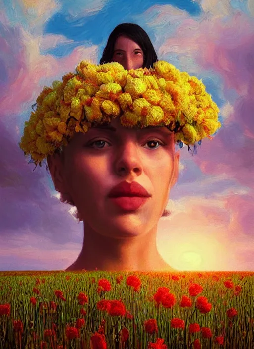 Image similar to portrait of a woman, face made of giant carnation, flower field, surreal photography, sunset dramatic light, impressionist painting, colorful clouds, large sky, digital painting, artstation, simon stalenhag