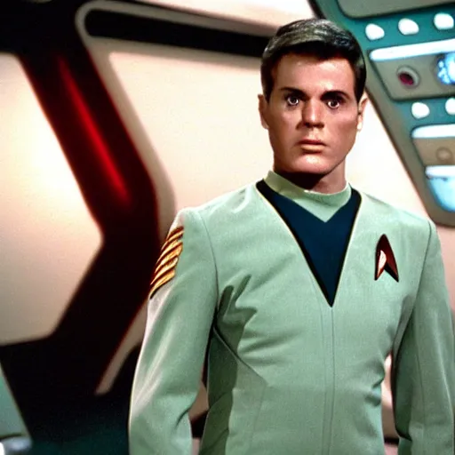 Prompt: young, handsome starfleet ensign taking station in the engine room, star trek, ds9, film still