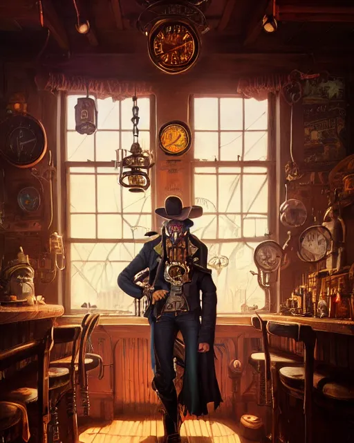 Prompt: highly detailed surreal vfx portrait of a steampunk cowboy in a steampunk saloon, stephen bliss, unreal engine, greg rutkowski, loish, rhads, beeple, makoto shinkai and lois van baarle, ilya kuvshinov, rossdraws, tom bagshaw, alphonse mucha, global illumination, detailed and intricate environment