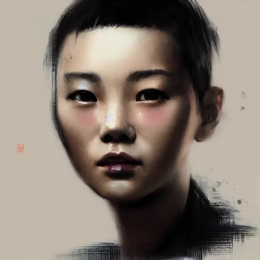 Prompt: portrait of a chinese girl with short hair, men's haircut, dramatic lighting, illustration by greg rutkowski, yoji shinkawa, 4 k, digital art, concept art, trending on artstation