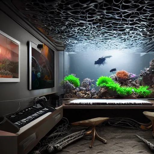 Image similar to a fishtank in a website page surrounded by piles of modular synth cables, by cameron gray, wlop, stanley kubrick, masamune, hideki anno, unique perspective, trending on artstation, 3 d render, smooth render