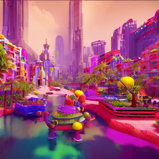Image similar to colorful fantasy city, unreal engine