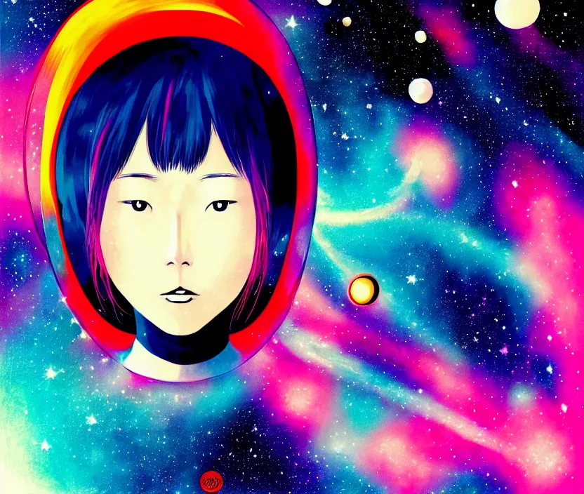 Prompt: portrait of a woman in space,shigeto koyama!!!!, jean giraud, narumi kakinouchi,manga,anime,kawaii, high contrast, bright vibrant colors, matte print, rule of thirds, gradation,((space nebula background))