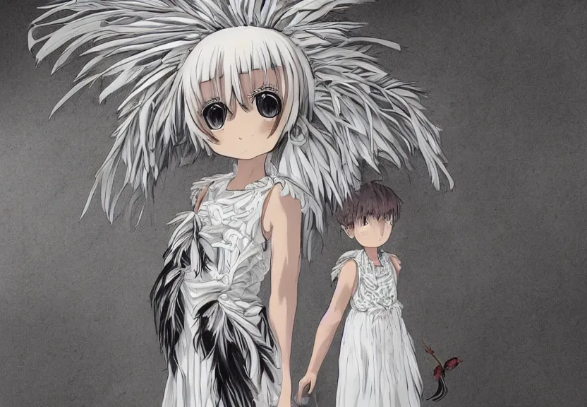 Image similar to little girl with a short white haircut wearing a dress made of feathers, artwork in the anime style, dark, anatomically perfect