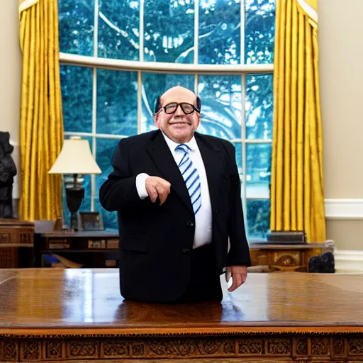 Image similar to closeup portrait of president danny devito!!! in the oval office, studio lighting, 8k