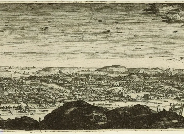 Prompt: detail from Hollar’s Panoramic view of a domed lunar city, 1647