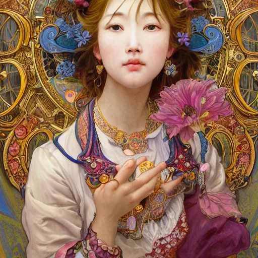 Image similar to a masterpiece ultrarealistic ultradetailed portrait of beautiful love fishmonger jewelry genius elephant trainer girl on fruits street market baroque renaissance. medium shot, intricate, elegant, by stanley artgerm lau, wlop, alphonse mucha, rossdraws, andrei riabovitchev, yoshitaka amano. flower background my james jeand and takashi murakami.