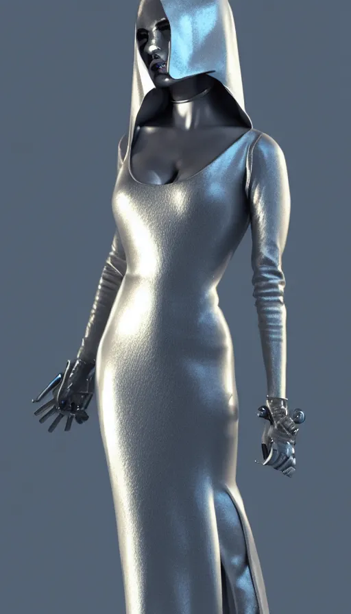 Image similar to a woman wearing a silver dress and a silver mask, cyberpunk art by zhou fang, cgsociety, computer art, daz 3 d, zbrush, rendered in maya