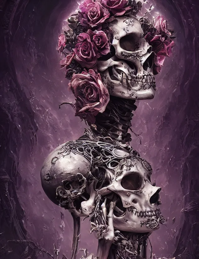 Image similar to a chaotic goddess of death skeleton as a heroine, intricate, elegant skull black rose s day of the dead atmospheric, dramatic, Trending on artstation. augmentations and cybernetic enhancements neon circuits, greg rutkowski , hyperrealist, cinema4D, 8k highly detailed