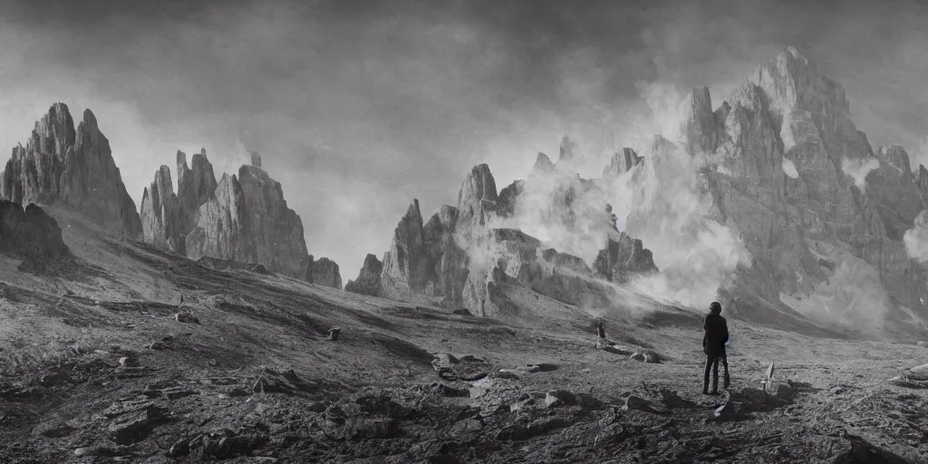 Prompt: 1920s photography of lonely wanderer, dolomites and huge bonfire in the background, occult signs, fire, alp, dolomites, alpine, detailed intricate insanely detailed octane render, 8k artistic 1920s photography, photorealistic, black and white, chiaroscuro, hd, by David Cronenberg, Raphael, Caravaggio