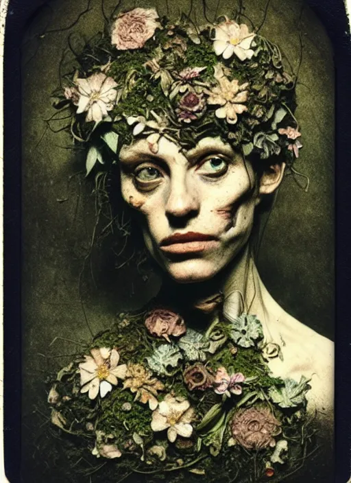 Prompt: beautiful and detailed rotten woman made of plants and many different types of flowers, muscles, intricate, organs, ornate, surreal, john constable, guy denning, dan hillier, manera, caravaggio, 1 9 1 0 polaroid photo