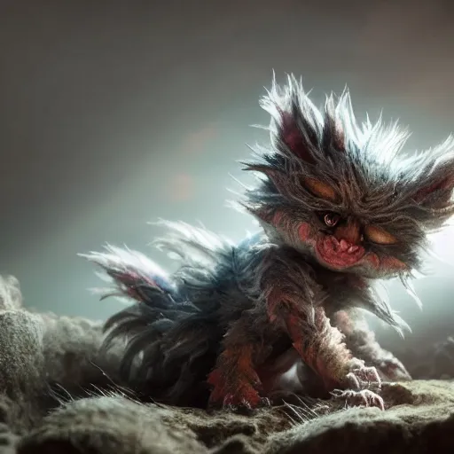 Image similar to full body pose, hyperrealistic photograph of a cute fuzzy goblin monster, dim volumetric lighting, 8 k, octane beautifully detailed render, extremely hyper detailed, intricate, epic composition, cinematic lighting, masterpiece, trending on artstation, very very detailed, stunning, hdr, smooth, sharp focus, high resolution, award, winning photo, dslr, 5 0 mm