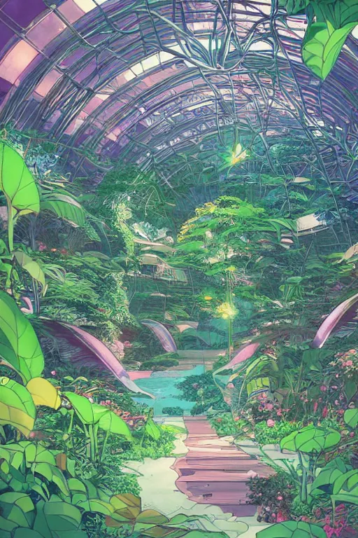 Image similar to concept art painting of a multi level botanical garden spaceship, artgerm, moebius, inio asano, toon shading, cel shading, calm, tranquil, vaporwave colors,