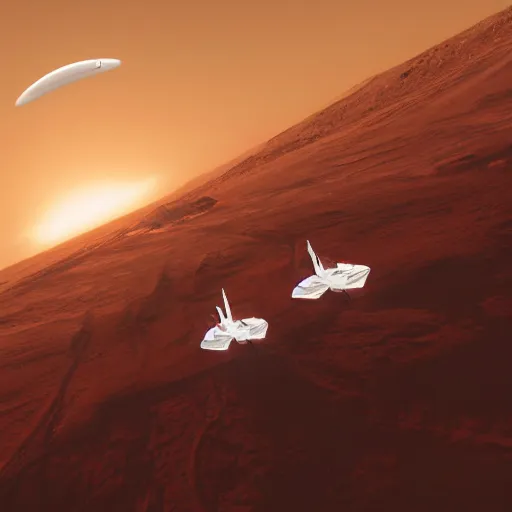 Prompt: two sleek white long spacecraft with red details, flying in parallell, over the surface of mars, , highly detailed, view from above, sunset, photorealistic, cinematic, sci-fi, octane render