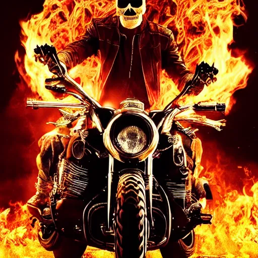 Image similar to An epic movie poster for Ghost Rider starring Ryan Gosling as Ghost Rider on a motorcycle with flames and chains on a desert road fire balls. Sharp. HD. 4K. 8K