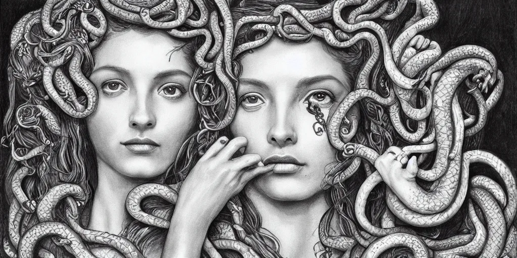 Image similar to realistic portrait of beautiful medusa with her snakes, golden, delicate, facing camera, hyper realism, 1 4 5 0, ink, ultra realistic, 8 k