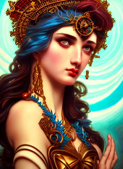 Image similar to the greek goddess hestia, hair made of fire, steampunk, beautiful glowing eyes, volumetric lights, red and cyan theme, art nouveau botanicals, intricate, highly detailed, digital painting, artstation, concept art, smooth, sharp focus, cinematic, illustration, beautiful face, art by artgerm and greg rutkowski and alphonse mucha