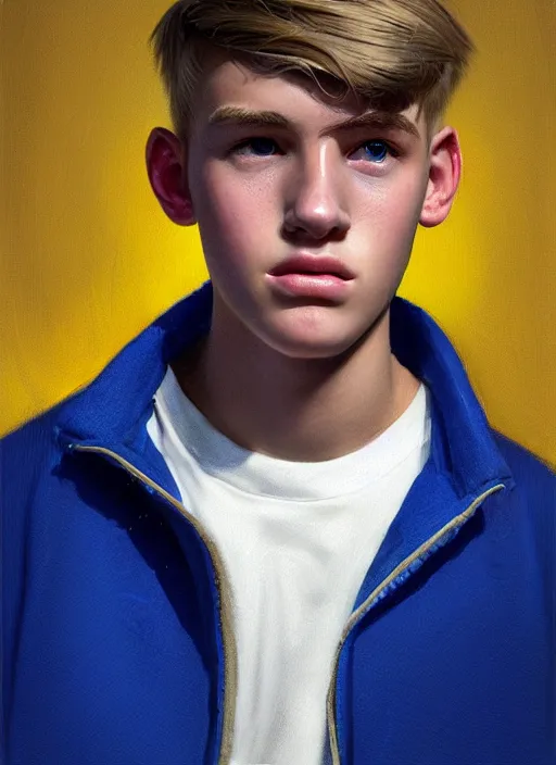 Image similar to portrait of a teenage boy named moose mason, blonde short hair, jock, beefy, square jaw, square facial structure, 1 9 5 0 s, blue varsity jacket, intricate, elegant, glowing lights, highly detailed, digital painting, artstation, concept art, smooth, sharp focus, illustration, art by wlop, mars ravelo and greg rutkowski