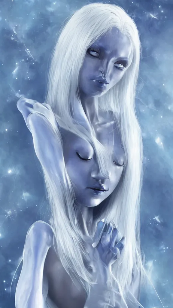 Image similar to blue alien woman, with white hair, silver jewellery, beautiful, elegant, sci-fi, fantasy, like sakimichan