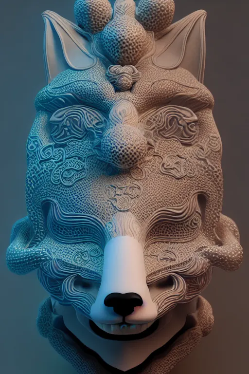 Image similar to 3 d goddess close - up profile portrait. beautiful intricate highly detailed korean fox mask and traditional korean hanbok. stingray, magpie, bio luminescent, plasma, lava, ice, water, wind, creature, artwork by tooth wu and wlop and beeple and greg rutkowski, octane 3 d render