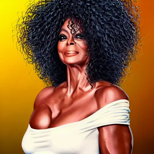 Prompt: Diana ross with the physique of a body builder, hyper realistic, ultra detailed, cinematic, dynamic lighting, photorealistic, refined, intricate, digital art, digital painting, masterpiece, 8k