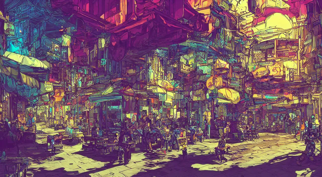 Prompt: bazaar zouk oriantal full color sky shine place mosquet painting stylized cutout vector digital illustration video game icon global illumination ray tracing that looks like it is from borderlands and by feng zhu and loish and laurie greasley, victo ngai, andreas rocha, john harris