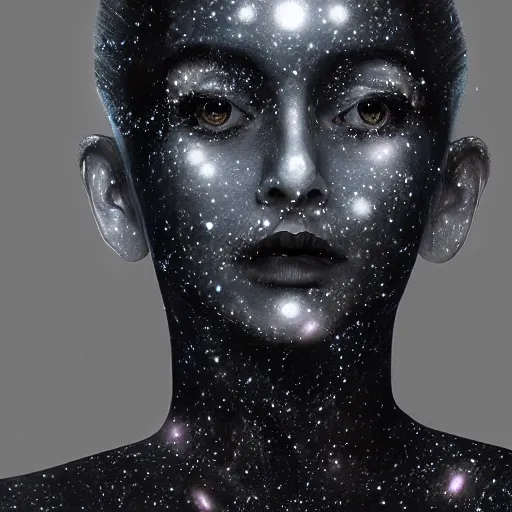 Image similar to woman portrait made out of galaxies, beautiful, cyborg, tim burton comic book art, realistic, highly detailed, octane render