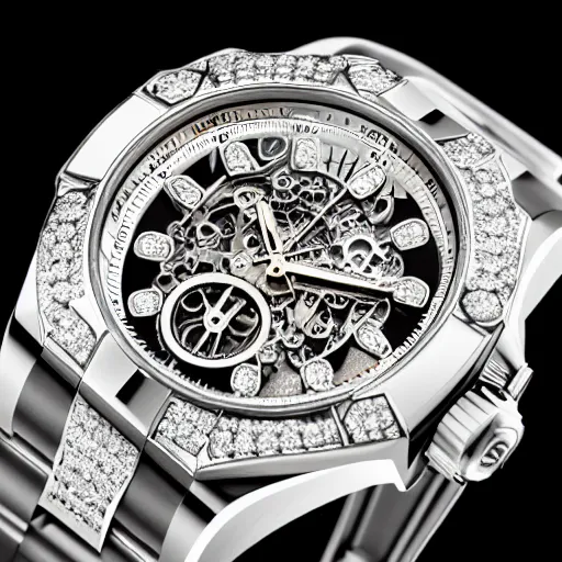 Image similar to vvs diamond watch, intricate design, rolex, cogs and gears, steampunk watch, bejeweled beautiful watch, richard mille, breitling watch, promotional photo, 8 k photography