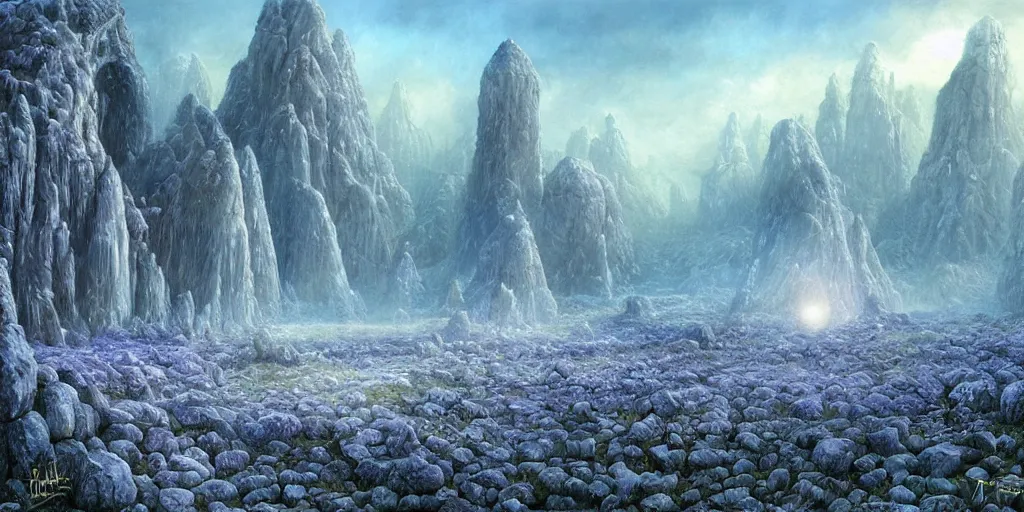 Prompt: Fantastical open landscape by Ted Nasmith, giant crystals, frost, iridescent, digital painting, concept art, landscape