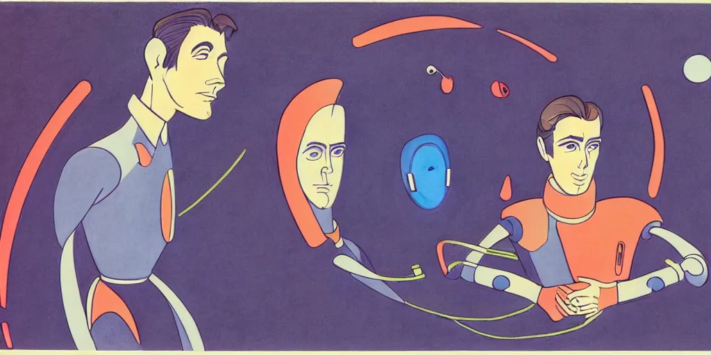 Image similar to traditional drawn colorful animation a symmetrical portrait of lonely single Alain Delon alone from 1960 60s pilot in posing in spaceship station planet captain bridge outer worlds robots extraterrestrial hyper contrast well drawn in Jean Henri Gaston Giraud animation film The Masters of Time FANTASTIC PLANET La planète sauvage animation by René Laloux