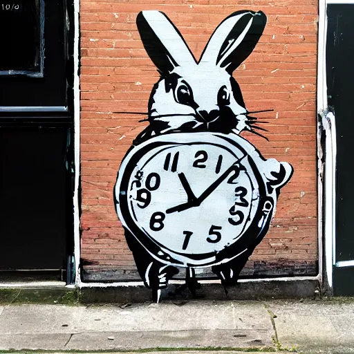 Prompt: time traveling rabbit made by banksy