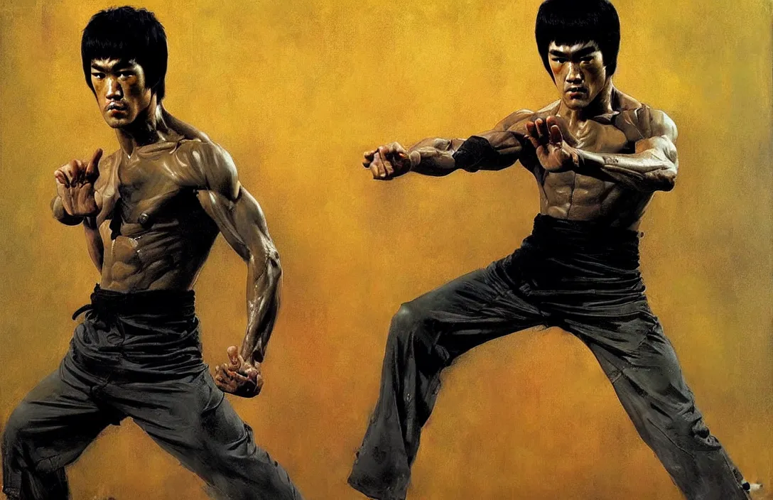 Image similar to portrait of bruce lee!!!!!!!!!!!!!!!!!!!!!!!!!!!, detailed face, detailed painting, epic lighting, by ilya repin, phil hale and kent williams